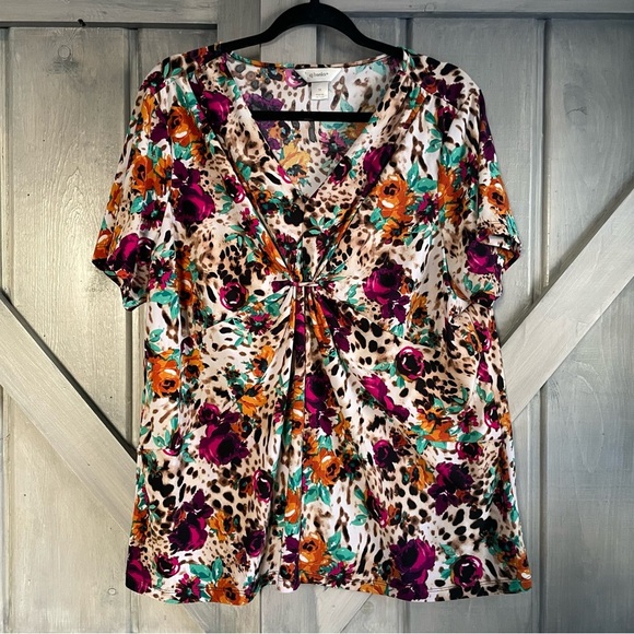 Cheetah Floral Ruched Bust Blouse CJ Banks Size 1X leopard cheetah plum - Picture 1 of 8